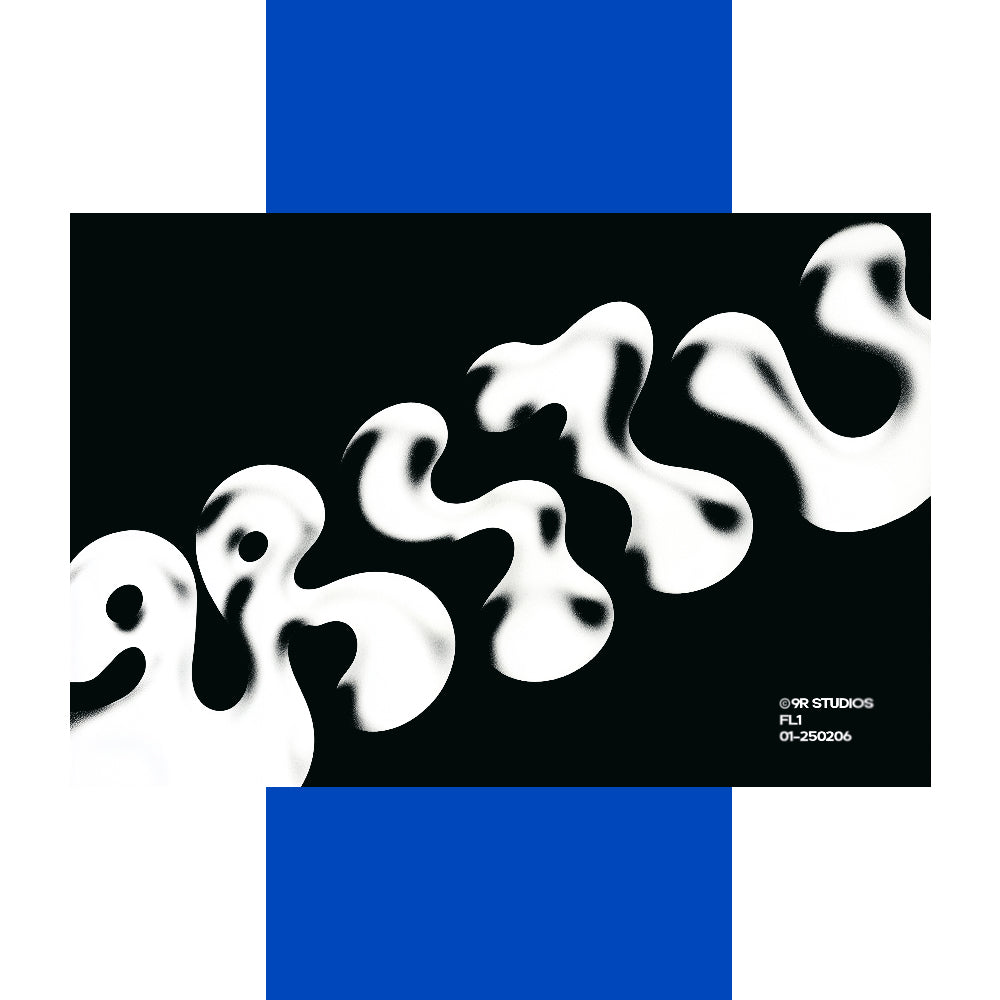 Abstract design with wavy white shapes on a black background, flanked by blue rectangles.