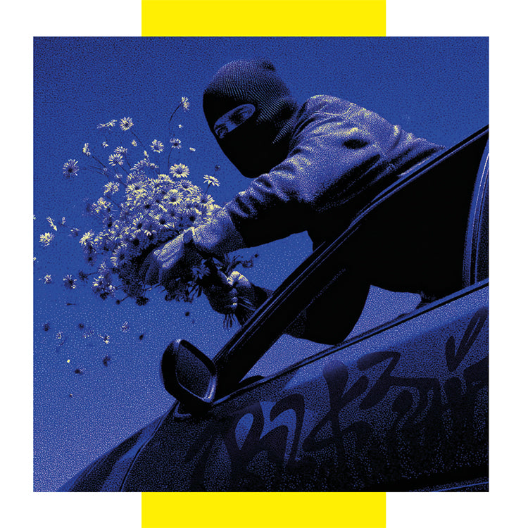 Person holding flowers next to a car with graffiti on a blue background