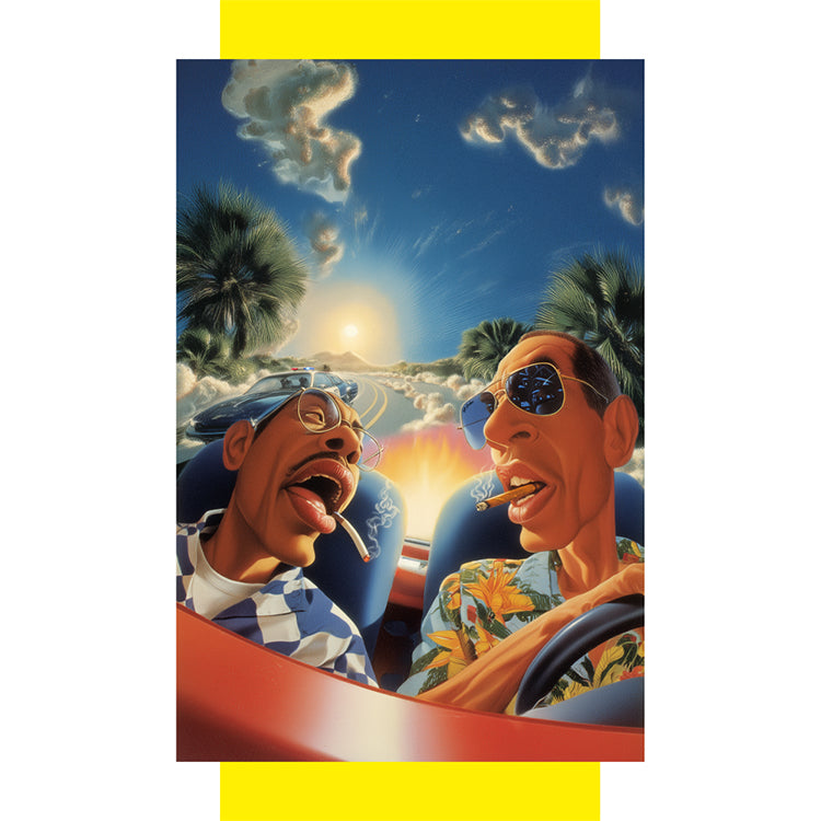 Two cartoon characters in a car with palm trees and a sunset in the background