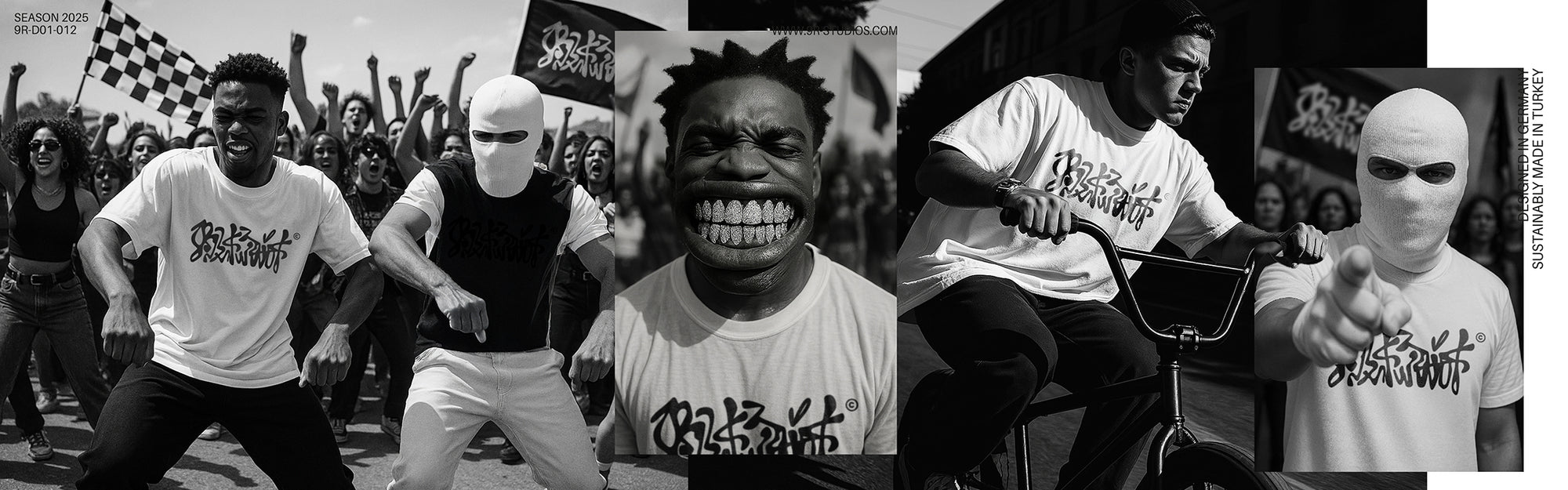 Collage of a person in a white t-shirt with text, surrounded by various images and text elements.